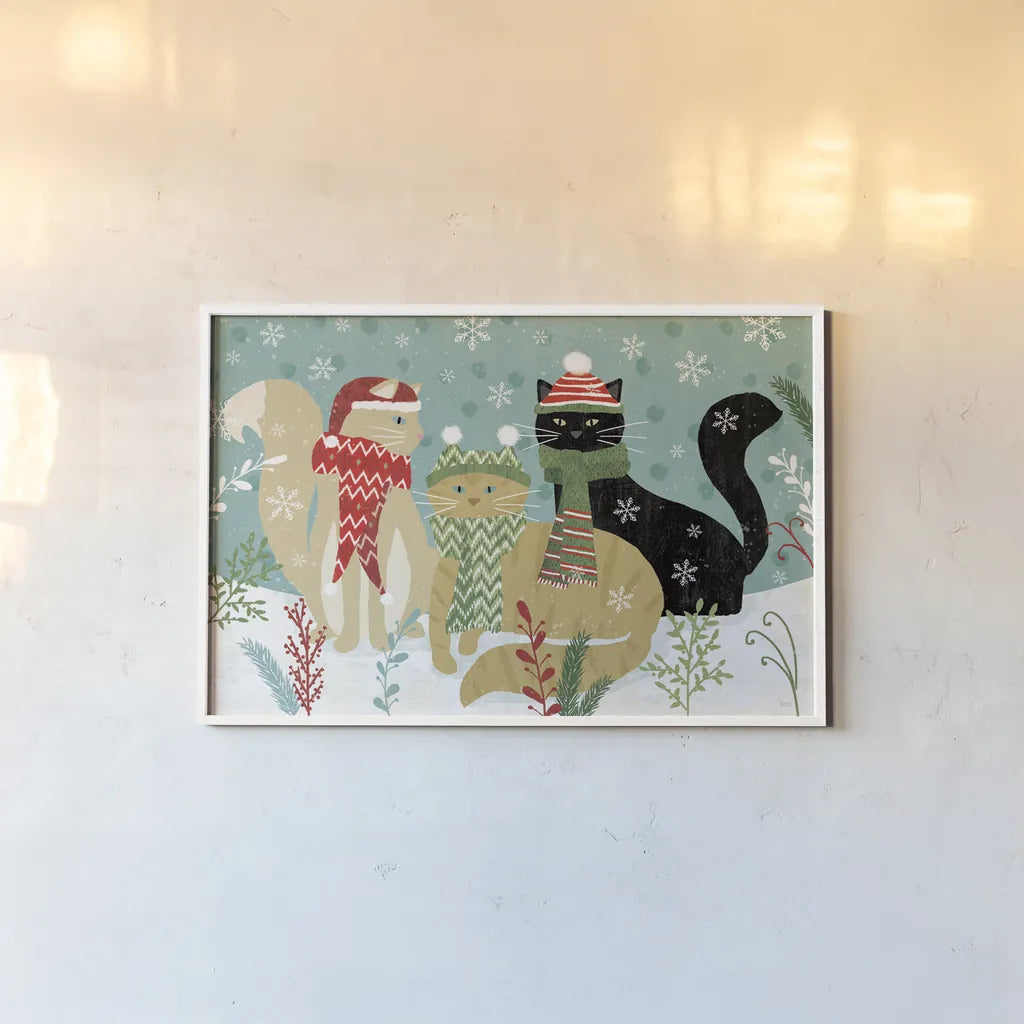 Purrfect Holiday I by Veronique Charron. shown as a paper print in a white frame. Available as a archival giclee rolled canvas, fine art paper, or poster print. SKU 67153i.