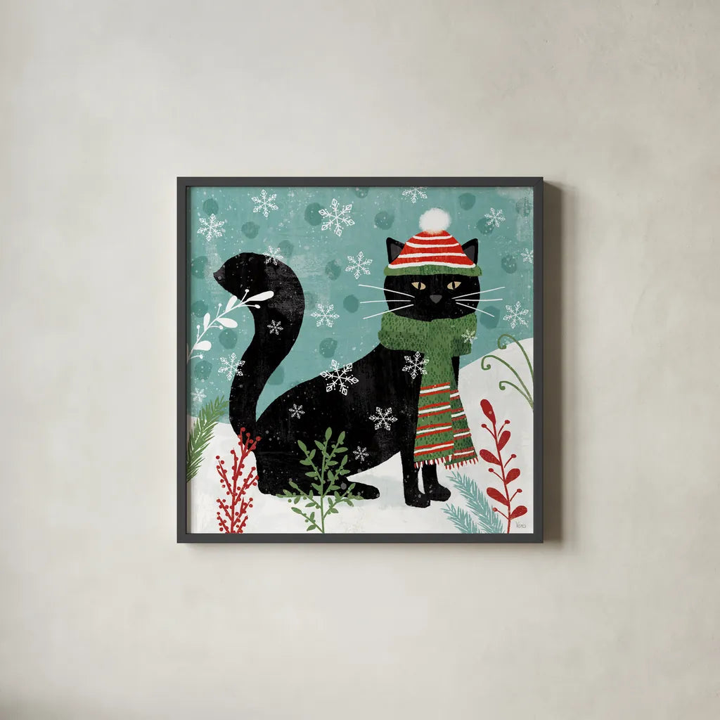 Purrfect Holiday II by Veronique Charron. Shown in a sleek black glass frame for a contemporary gallery look. Available as an archival giclee rolled canvas, fine art paper, or poster print. SKU 67154a.