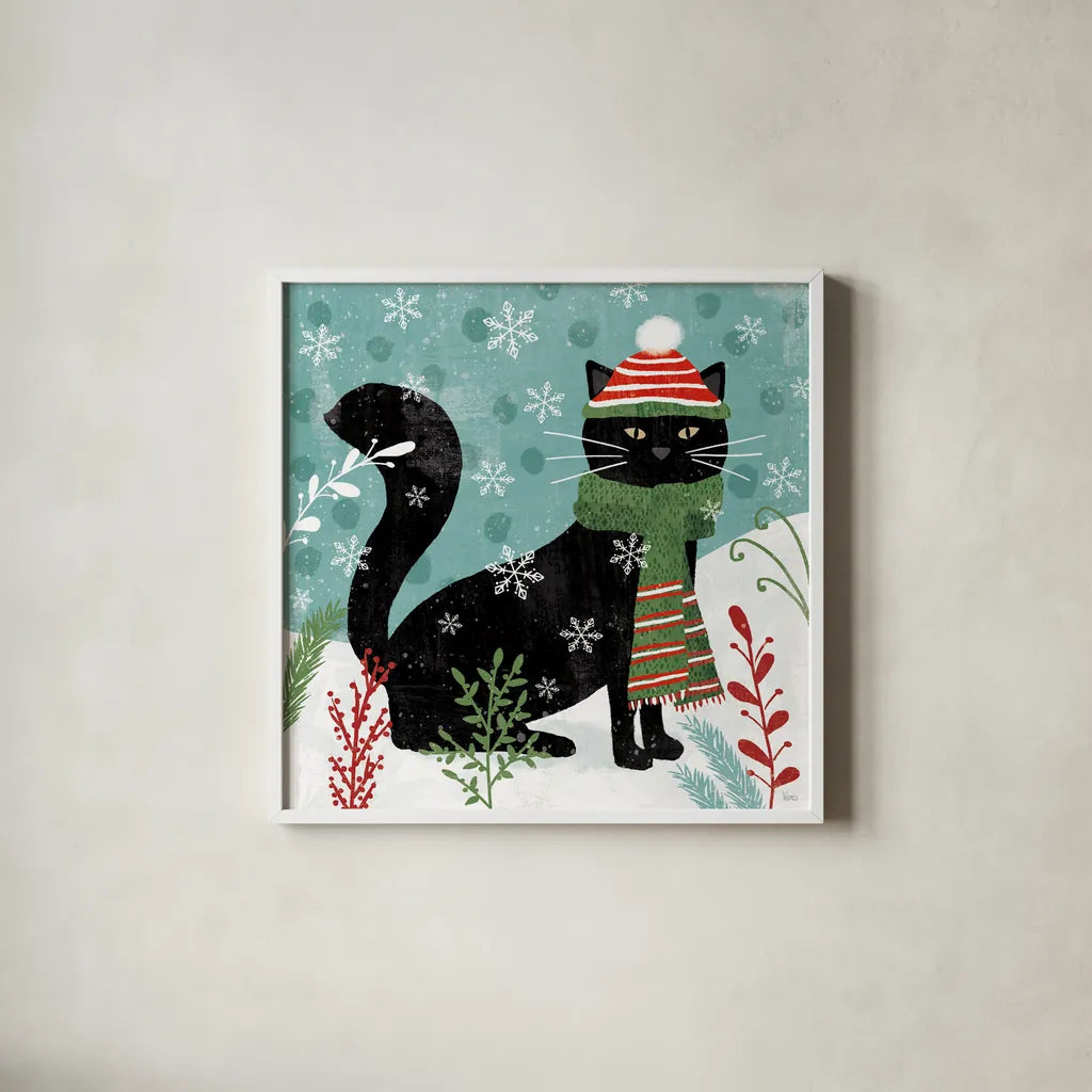 Purrfect Holiday II by Veronique Charron. Shown in a crisp white glass frame for a clean and minimalist style. Available as an archival giclee rolled canvas, fine art paper, or poster print. SKU 67154a.