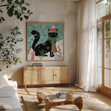 Purrfect Holiday II by Veronique Charron. Shown in a natural wood frame in a cozy modern living room. Available as an archival giclee rolled canvas, fine art paper, or poster print. SKU 67154a.