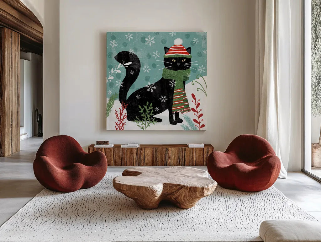 Purrfect Holiday II by Veronique Charron. Shown as extra-large giant wall art in a modern living room. Available as an archival giclee rolled canvas, fine art paper, or poster print. SKU 67154a.