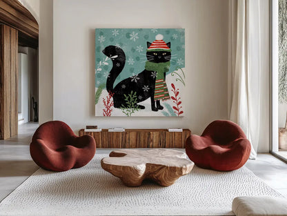 Purrfect Holiday II by Veronique Charron. Shown as extra-large giant wall art in a modern living room. Available as an archival giclee rolled canvas, fine art paper, or poster print. SKU 67154a.