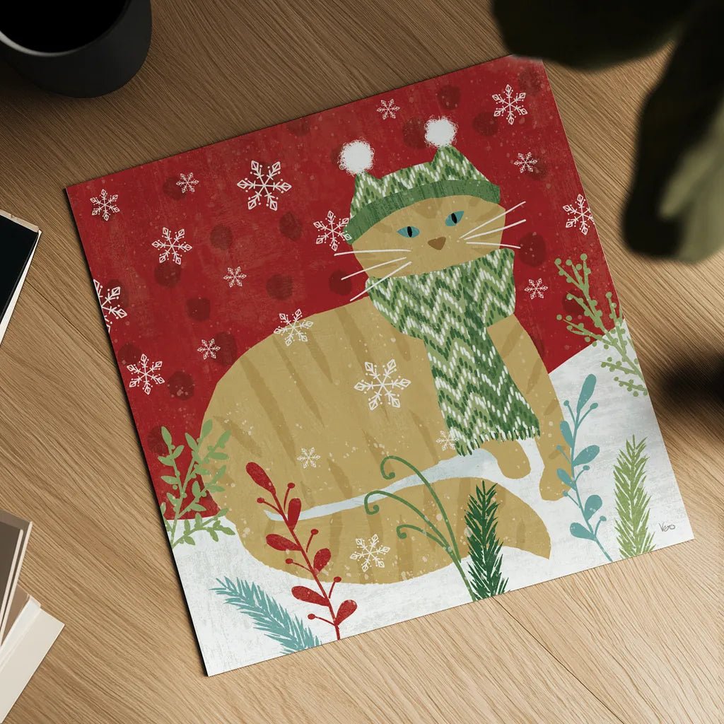 Purrfect Holiday III by Veronique Charron. Shown as a detailed flat fine art print, highlighting archival giclee quality. Available as an archival giclee rolled canvas, fine art paper, or poster print. SKU 67155a.