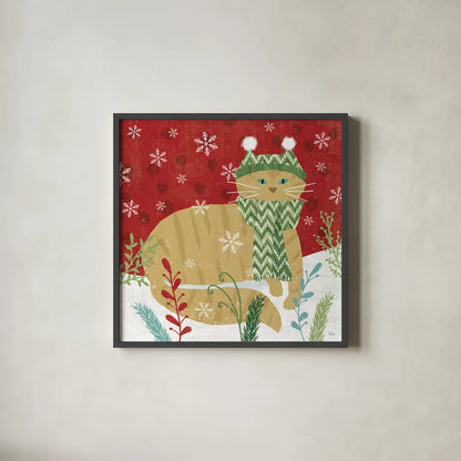 Purrfect Holiday III by Veronique Charron. Shown in a sleek black glass frame for a contemporary gallery look. Available as an archival giclee rolled canvas, fine art paper, or poster print. SKU 67155a.