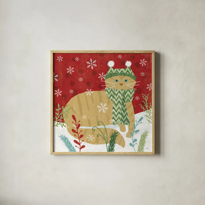 Purrfect Holiday III by Veronique Charron. Shown in a natural wood glass frame for a timeless modern aesthetic. Available as an archival giclee rolled canvas, fine art paper, or poster print. SKU 67155a.