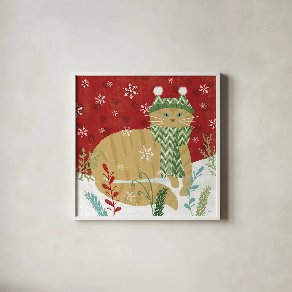 Purrfect Holiday III by Veronique Charron. Shown in a crisp white glass frame for a clean and minimalist style. Available as an archival giclee rolled canvas, fine art paper, or poster print. SKU 67155a.