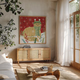 Purrfect Holiday III by Veronique Charron. Shown in a natural wood frame in a cozy modern living room. Available as an archival giclee rolled canvas, fine art paper, or poster print. SKU 67155a.