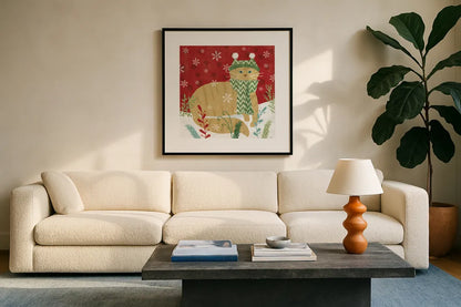Purrfect Holiday III by Veronique Charron. Displayed in a glass frame with matte in a clean modern living room. Available as an archival giclee rolled canvas, fine art paper, or poster print. SKU 67155a.