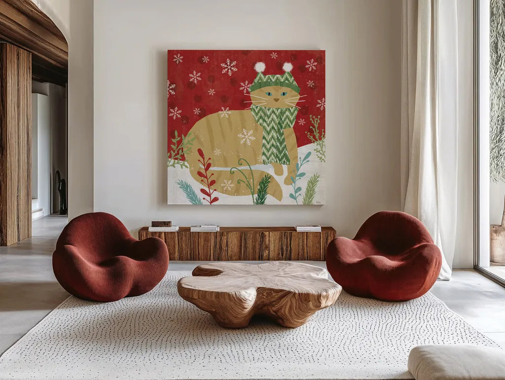 Purrfect Holiday III by Veronique Charron. Shown as extra-large giant wall art in a modern living room. Available as an archival giclee rolled canvas, fine art paper, or poster print. SKU 67155a.