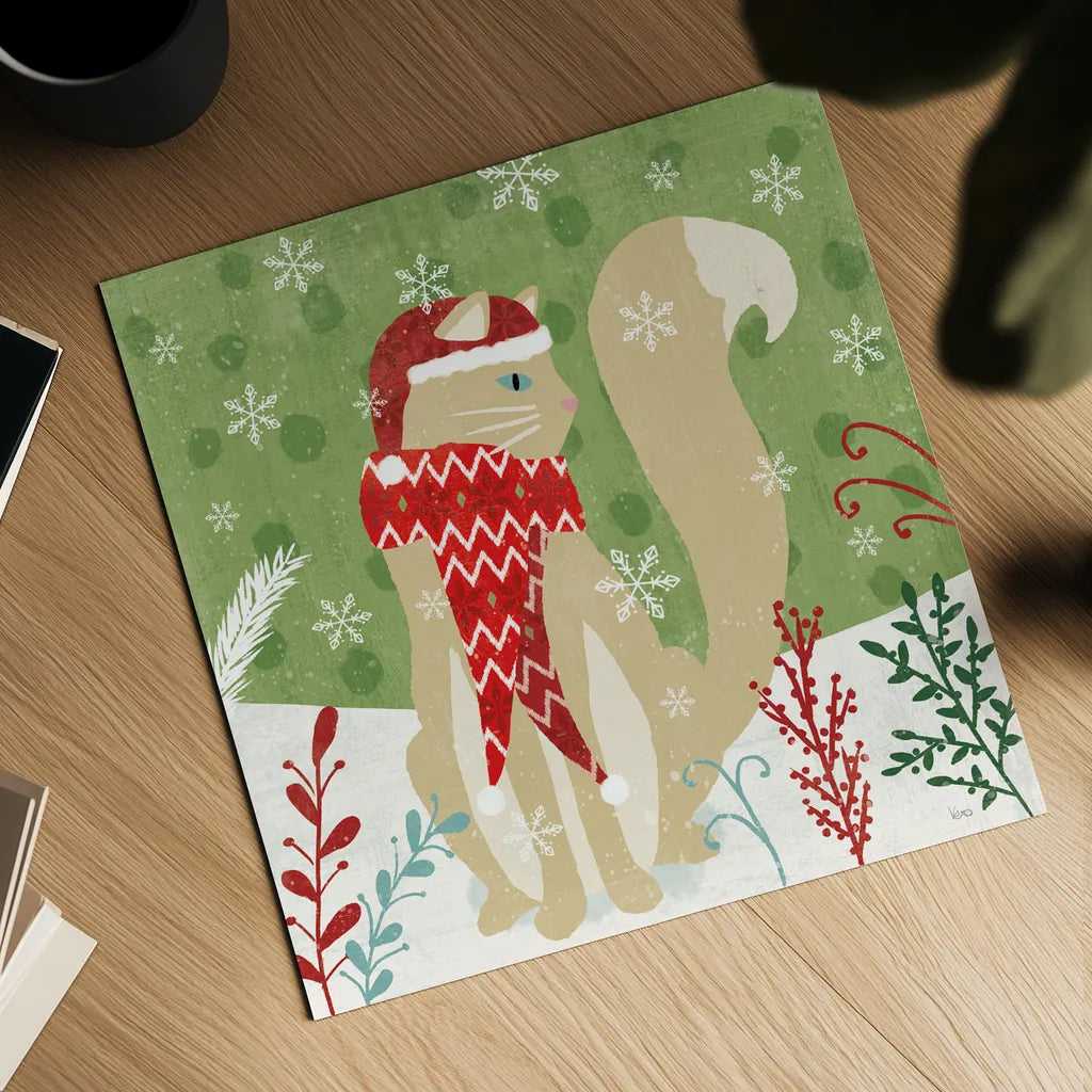 Purrfect Holiday IV by Veronique Charron. Shown as a detailed flat fine art print, highlighting archival giclee quality. Available as an archival giclee rolled canvas, fine art paper, or poster print. SKU 67156a.