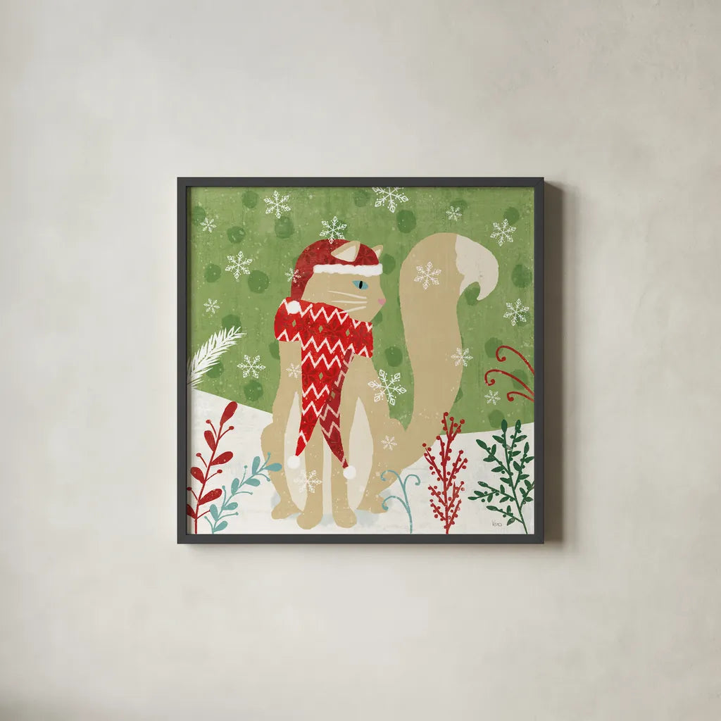 Purrfect Holiday IV by Veronique Charron. Shown in a sleek black glass frame for a contemporary gallery look. Available as an archival giclee rolled canvas, fine art paper, or poster print. SKU 67156a.