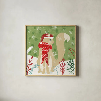 Purrfect Holiday IV by Veronique Charron. Shown in a natural wood glass frame for a timeless modern aesthetic. Available as an archival giclee rolled canvas, fine art paper, or poster print. SKU 67156a.