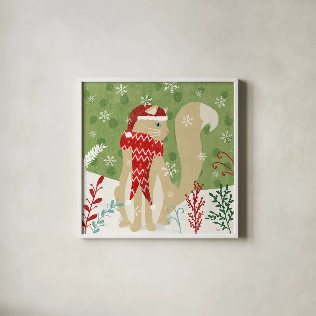Purrfect Holiday IV by Veronique Charron. Shown in a crisp white glass frame for a clean and minimalist style. Available as an archival giclee rolled canvas, fine art paper, or poster print. SKU 67156a.