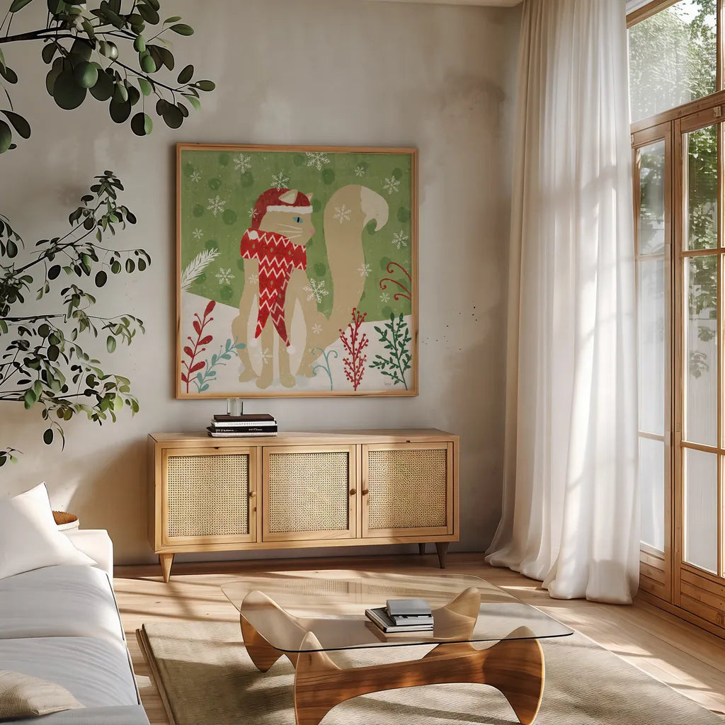 Purrfect Holiday IV by Veronique Charron. Shown in a natural wood frame in a cozy modern living room. Available as an archival giclee rolled canvas, fine art paper, or poster print. SKU 67156a.