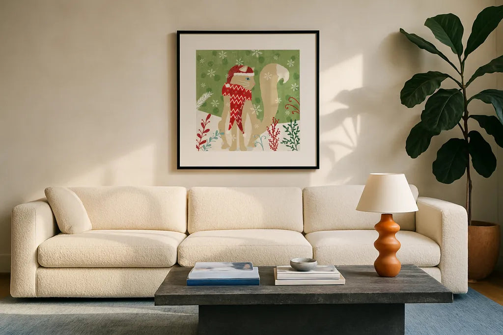 Purrfect Holiday IV by Veronique Charron. Displayed in a glass frame with matte in a clean modern living room. Available as an archival giclee rolled canvas, fine art paper, or poster print. SKU 67156a.
