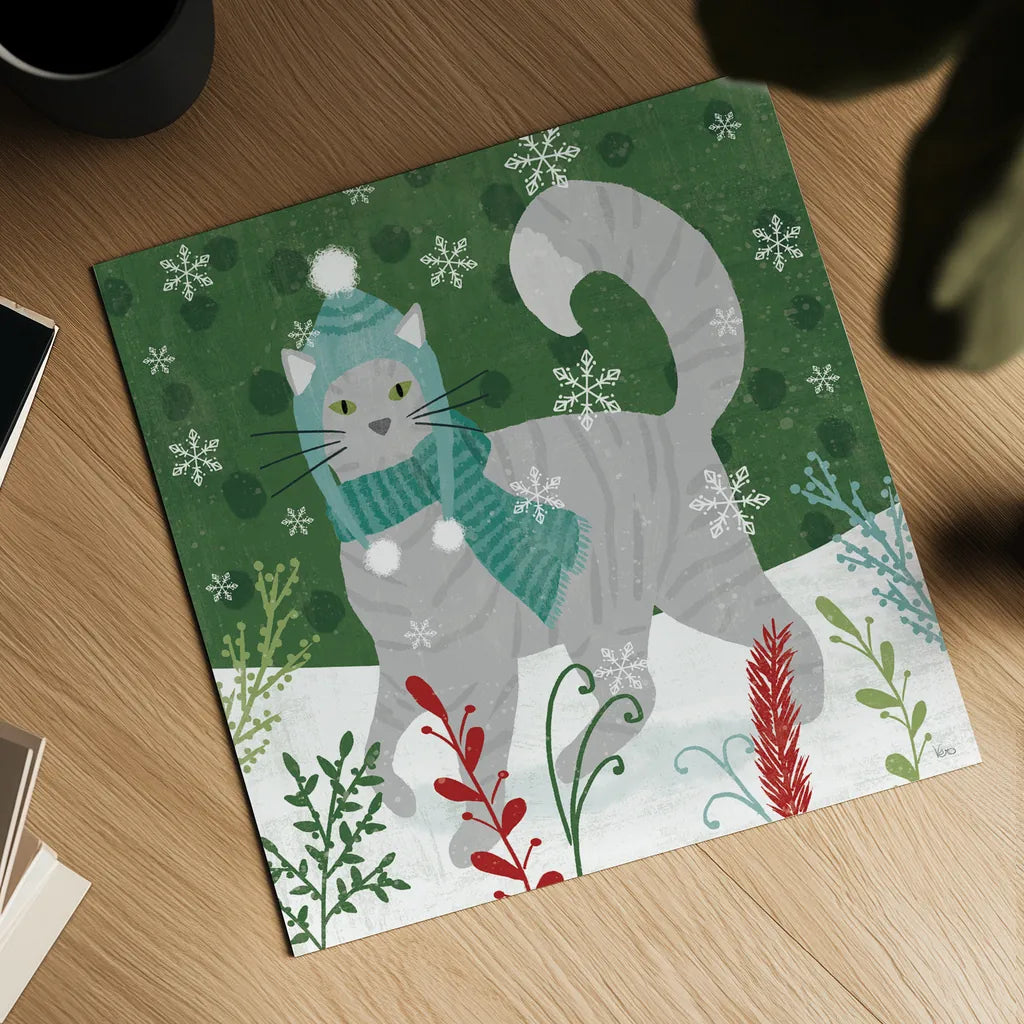 Purrfect Holiday V by Veronique Charron. Shown as a detailed flat fine art print, highlighting archival giclee quality. Available as an archival giclee rolled canvas, fine art paper, or poster print. SKU 67157a.