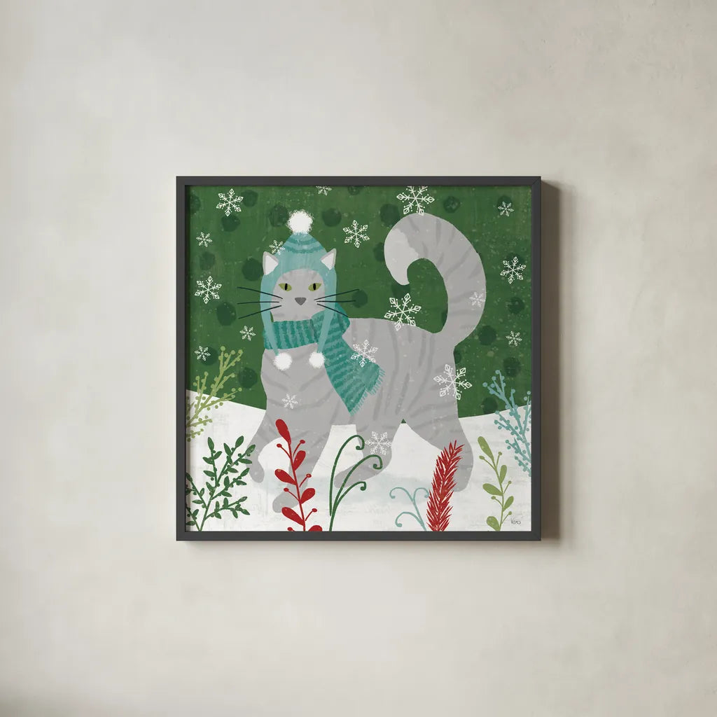 Purrfect Holiday V by Veronique Charron. Shown in a sleek black glass frame for a contemporary gallery look. Available as an archival giclee rolled canvas, fine art paper, or poster print. SKU 67157a.