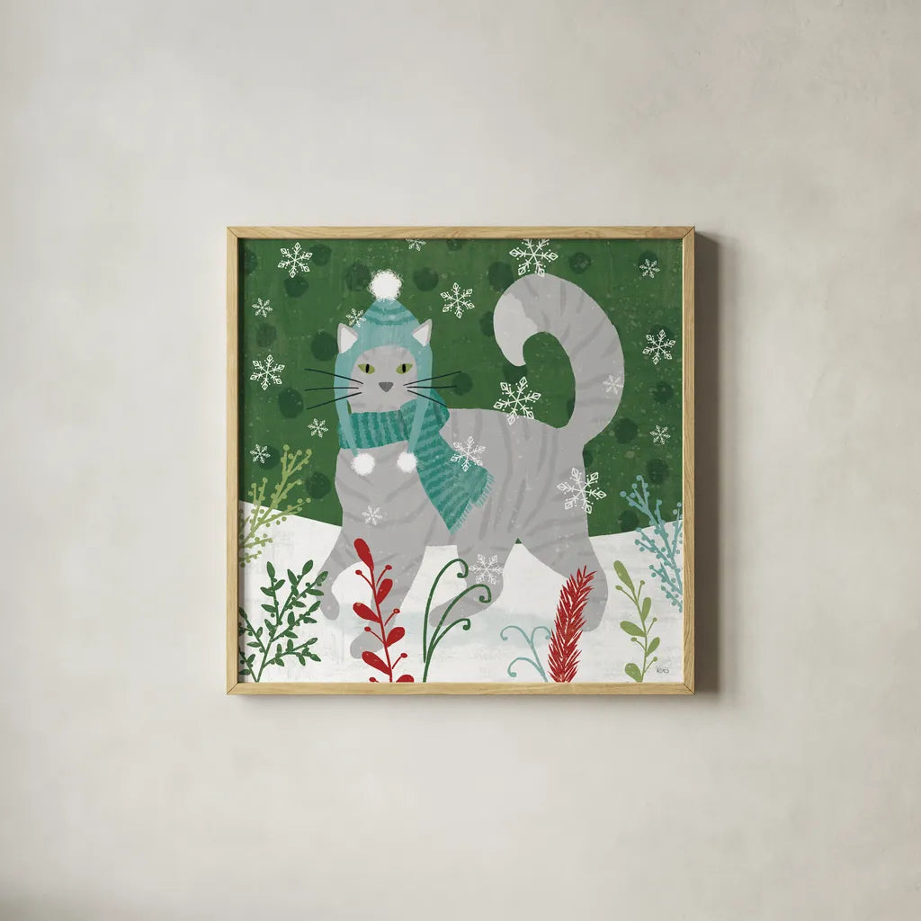 Purrfect Holiday V by Veronique Charron. Shown in a natural wood glass frame for a timeless modern aesthetic. Available as an archival giclee rolled canvas, fine art paper, or poster print. SKU 67157a.