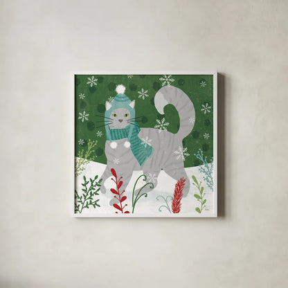 Purrfect Holiday V by Veronique Charron. Shown in a crisp white glass frame for a clean and minimalist style. Available as an archival giclee rolled canvas, fine art paper, or poster print. SKU 67157a.