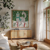 Purrfect Holiday V by Veronique Charron. Shown in a natural wood frame in a cozy modern living room. Available as an archival giclee rolled canvas, fine art paper, or poster print. SKU 67157a.