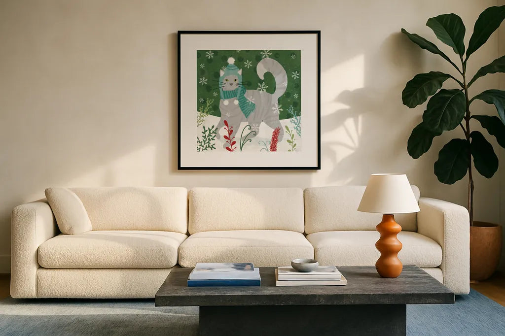Purrfect Holiday V by Veronique Charron. Displayed in a glass frame with matte in a clean modern living room. Available as an archival giclee rolled canvas, fine art paper, or poster print. SKU 67157a.