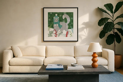 Purrfect Holiday V by Veronique Charron. Displayed in a glass frame with matte in a clean modern living room. Available as an archival giclee rolled canvas, fine art paper, or poster print. SKU 67157a.