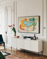 Roadside I by Veronique Charron. shown as a framed stretched canvas in a living room above a console. Available as a archival giclee rolled canvas, fine art paper, or poster print. SKU 95816i.