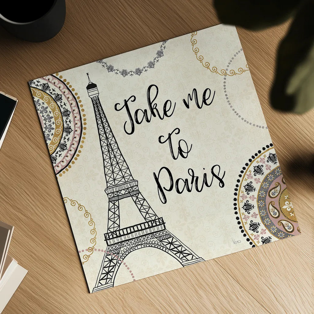 Romance in Paris I by Veronique Charron. Shown as a detailed flat fine art print, highlighting archival giclee quality. Available as an archival giclee rolled canvas, fine art paper, or poster print. SKU 33556a.