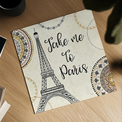 Romance in Paris I by Veronique Charron. Shown as a detailed flat fine art print, highlighting archival giclee quality. Available as an archival giclee rolled canvas, fine art paper, or poster print. SKU 33556a.