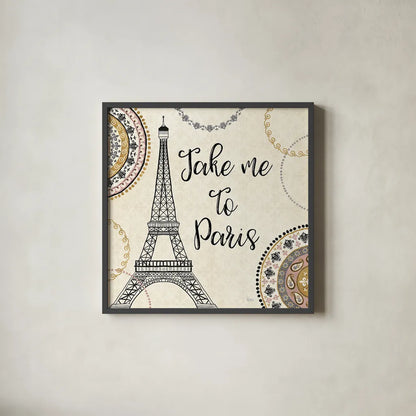 Romance in Paris I by Veronique Charron. Shown in a sleek black glass frame for a contemporary gallery look. Available as an archival giclee rolled canvas, fine art paper, or poster print. SKU 33556a.