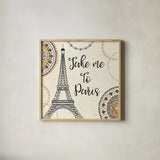 Romance in Paris I by Veronique Charron. Shown in a natural wood glass frame for a timeless modern aesthetic. Available as an archival giclee rolled canvas, fine art paper, or poster print. SKU 33556a.