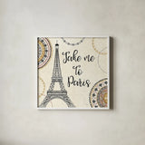 Romance in Paris I by Veronique Charron. Shown in a crisp white glass frame for a clean and minimalist style. Available as an archival giclee rolled canvas, fine art paper, or poster print. SKU 33556a.