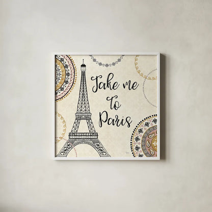 Romance in Paris I by Veronique Charron. Shown in a crisp white glass frame for a clean and minimalist style. Available as an archival giclee rolled canvas, fine art paper, or poster print. SKU 33556a.