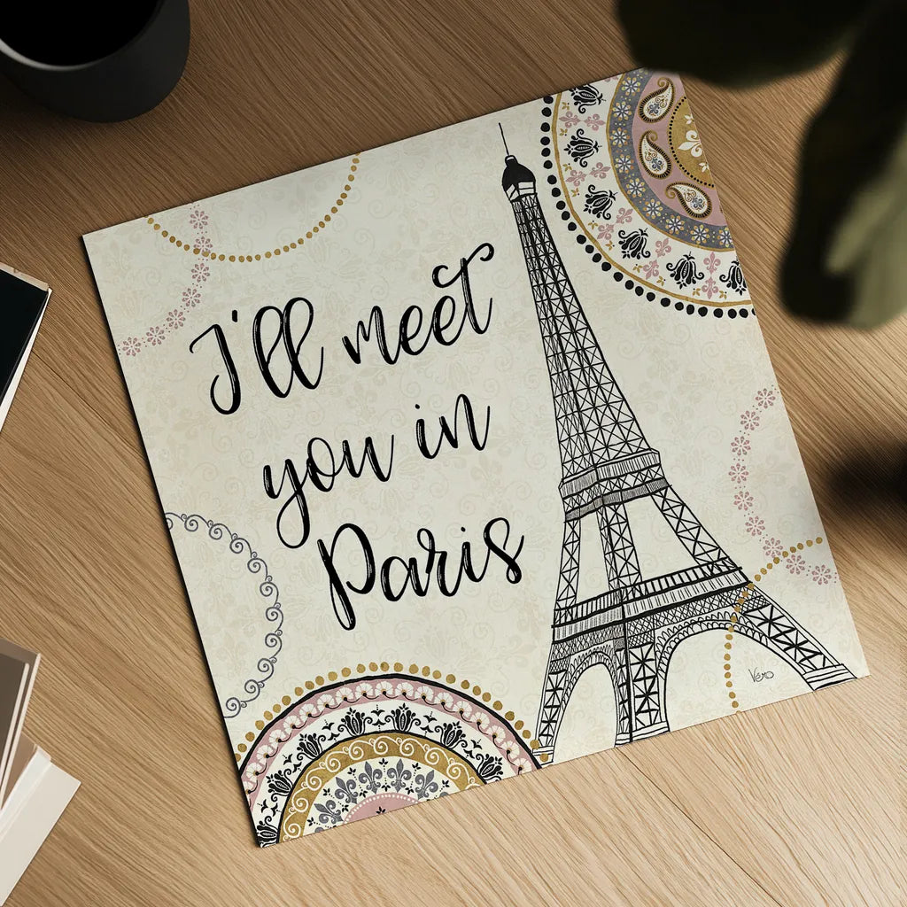 Romance in Paris II by Veronique Charron. Shown as a detailed flat fine art print, highlighting archival giclee quality. Available as an archival giclee rolled canvas, fine art paper, or poster print. SKU 33557a.
