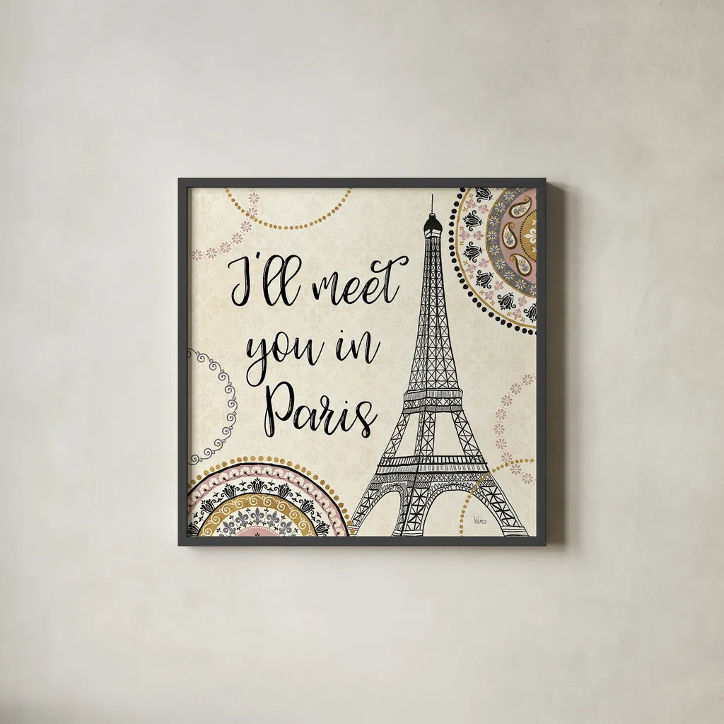 Romance in Paris II by Veronique Charron. Shown in a sleek black glass frame for a contemporary gallery look. Available as an archival giclee rolled canvas, fine art paper, or poster print. SKU 33557a.