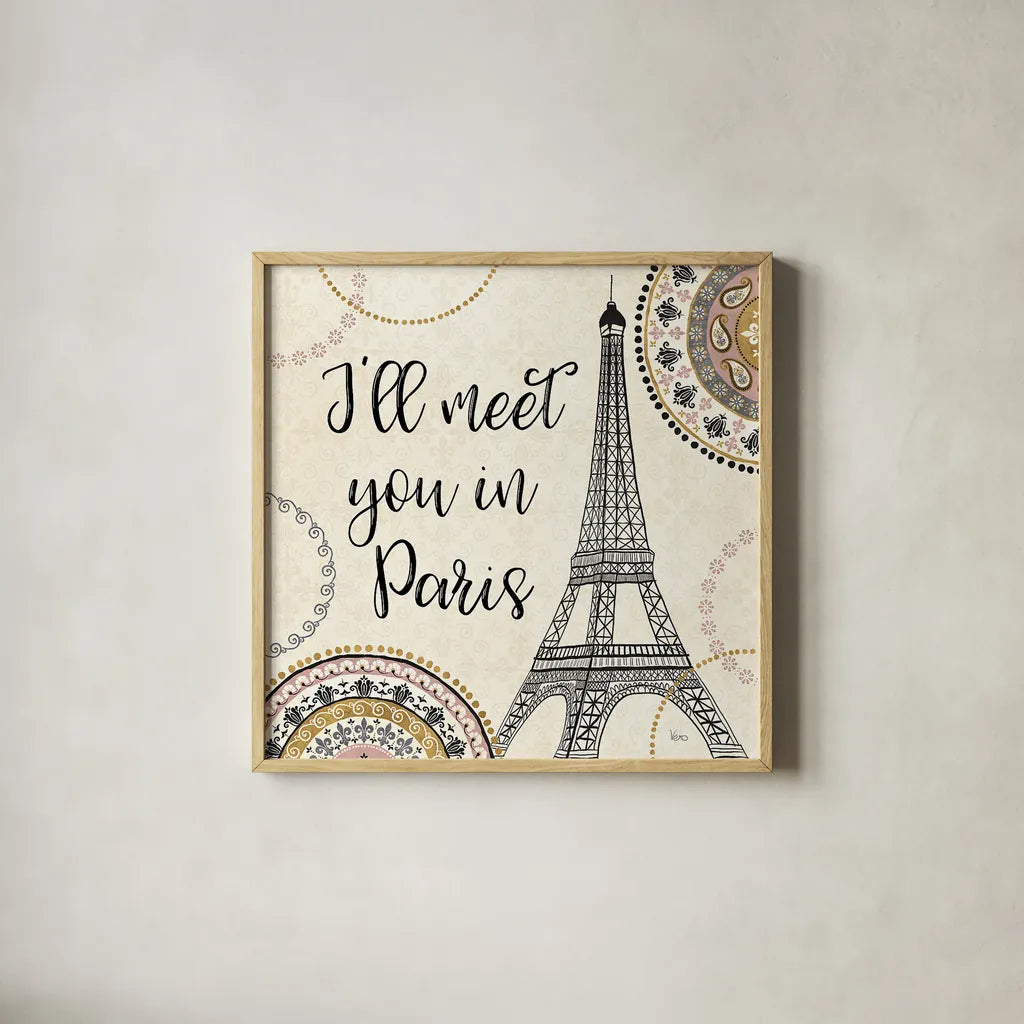 Romance in Paris II by Veronique Charron. Shown in a natural wood glass frame for a timeless modern aesthetic. Available as an archival giclee rolled canvas, fine art paper, or poster print. SKU 33557a.
