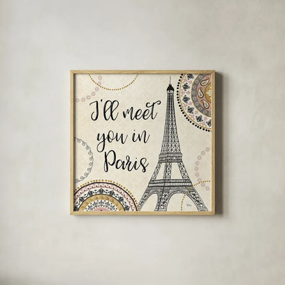 Romance in Paris II by Veronique Charron. Shown in a natural wood glass frame for a timeless modern aesthetic. Available as an archival giclee rolled canvas, fine art paper, or poster print. SKU 33557a.