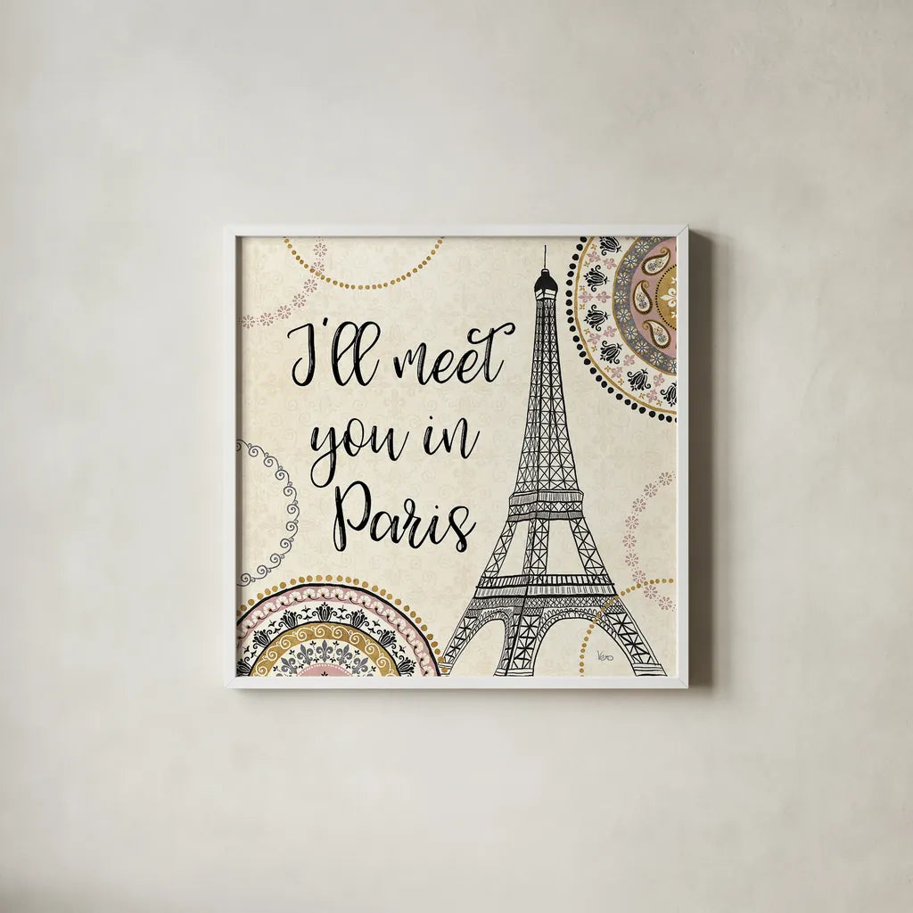Romance in Paris II by Veronique Charron. Shown in a crisp white glass frame for a clean and minimalist style. Available as an archival giclee rolled canvas, fine art paper, or poster print. SKU 33557a.