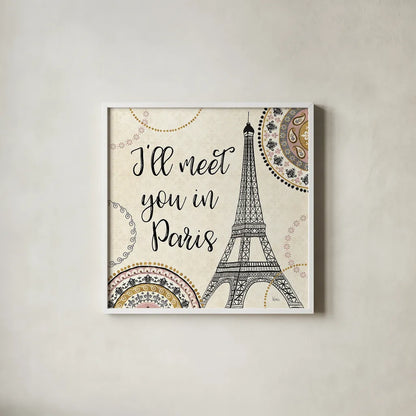Romance in Paris II by Veronique Charron. Shown in a crisp white glass frame for a clean and minimalist style. Available as an archival giclee rolled canvas, fine art paper, or poster print. SKU 33557a.