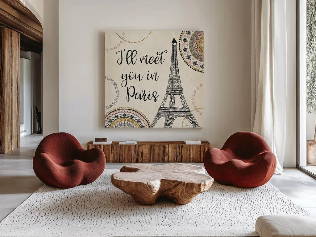 Romance in Paris II by Veronique Charron. Shown as extra-large giant wall art in a modern living room. Available as an archival giclee rolled canvas, fine art paper, or poster print. SKU 33557a.