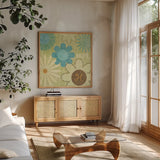 Say it with Flowers I by Veronique Charron. Shown in a natural wood frame in a cozy modern living room. Available as an archival giclee rolled canvas, fine art paper, or poster print. SKU 6631a.
