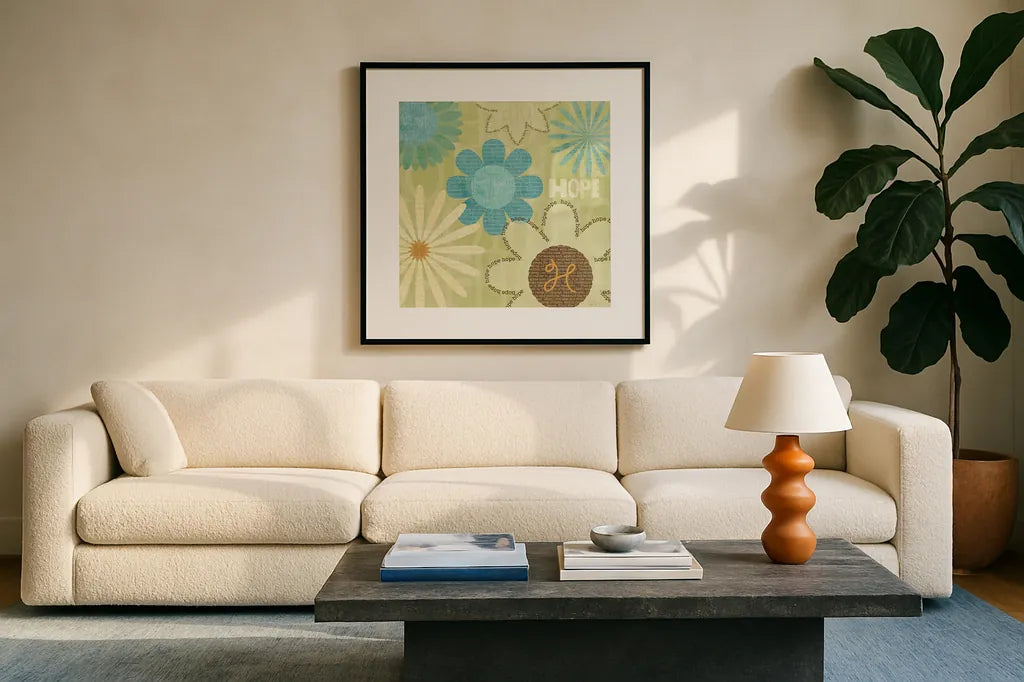 Say it with Flowers I by Veronique Charron. Displayed in a glass frame with matte in a clean modern living room. Available as an archival giclee rolled canvas, fine art paper, or poster print. SKU 6631a.