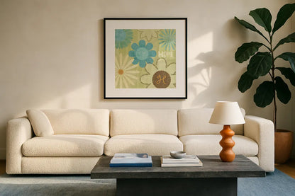 Say it with Flowers I by Veronique Charron. Displayed in a glass frame with matte in a clean modern living room. Available as an archival giclee rolled canvas, fine art paper, or poster print. SKU 6631a.