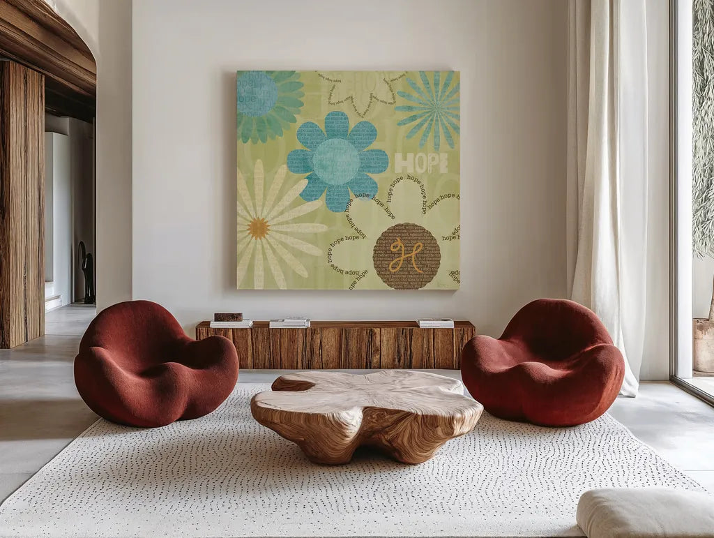 Say it with Flowers I by Veronique Charron. Shown as extra-large giant wall art in a modern living room. Available as an archival giclee rolled canvas, fine art paper, or poster print. SKU 6631a.