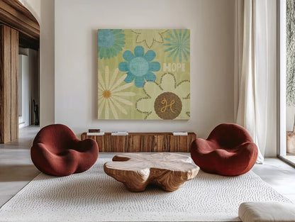 Say it with Flowers I by Veronique Charron. Shown as extra-large giant wall art in a modern living room. Available as an archival giclee rolled canvas, fine art paper, or poster print. SKU 6631a.
