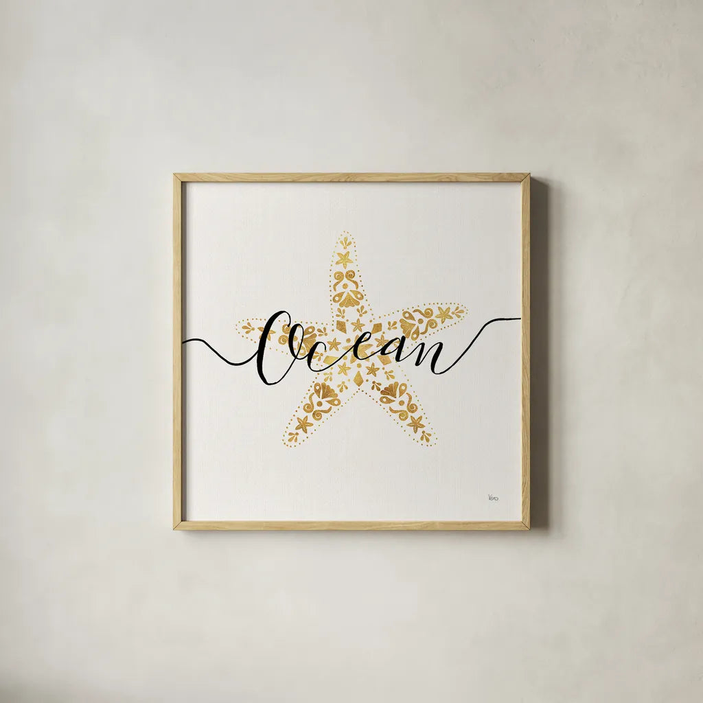 Sea Charms I by Veronique Charron. Shown in a natural wood glass frame for a timeless modern aesthetic. Available as an archival giclee rolled canvas, fine art paper, or poster print. SKU 31990a.