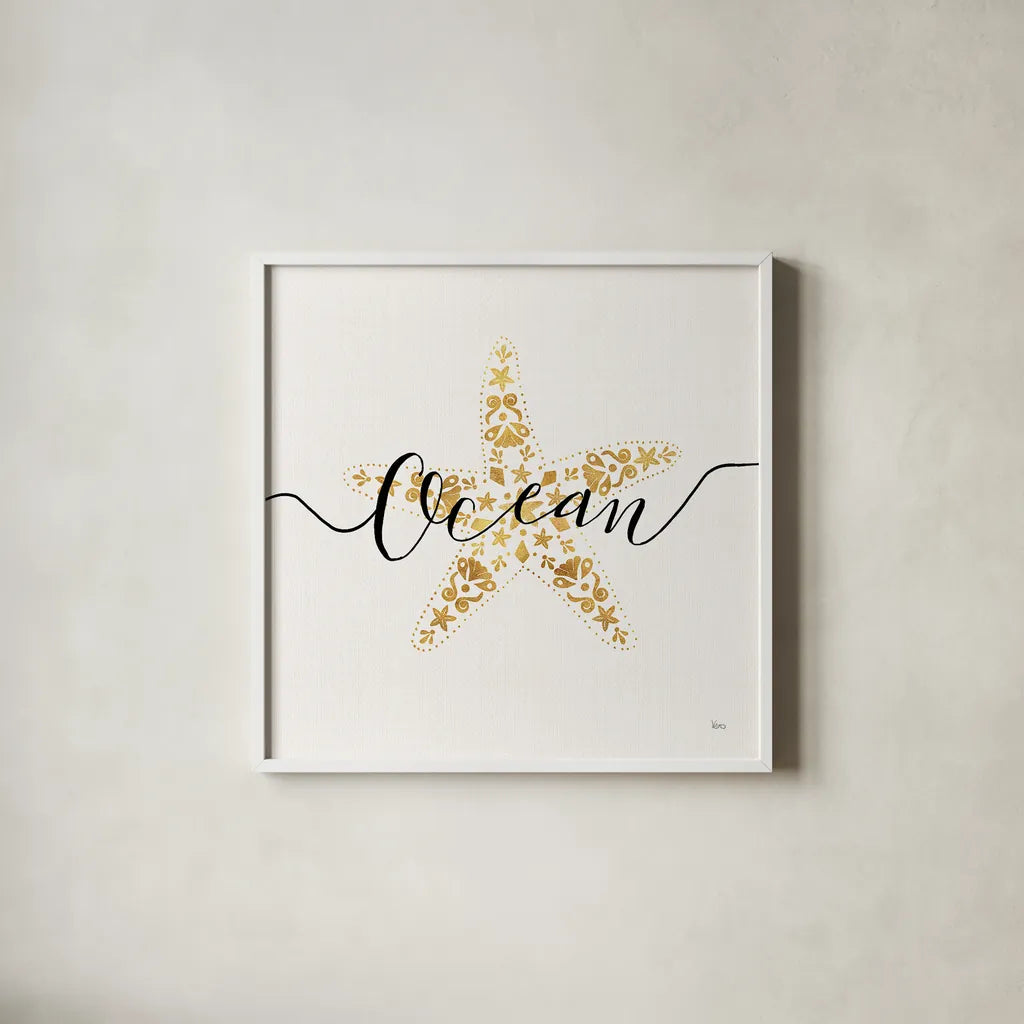 Sea Charms I by Veronique Charron. Shown in a crisp white glass frame for a clean and minimalist style. Available as an archival giclee rolled canvas, fine art paper, or poster print. SKU 31990a.