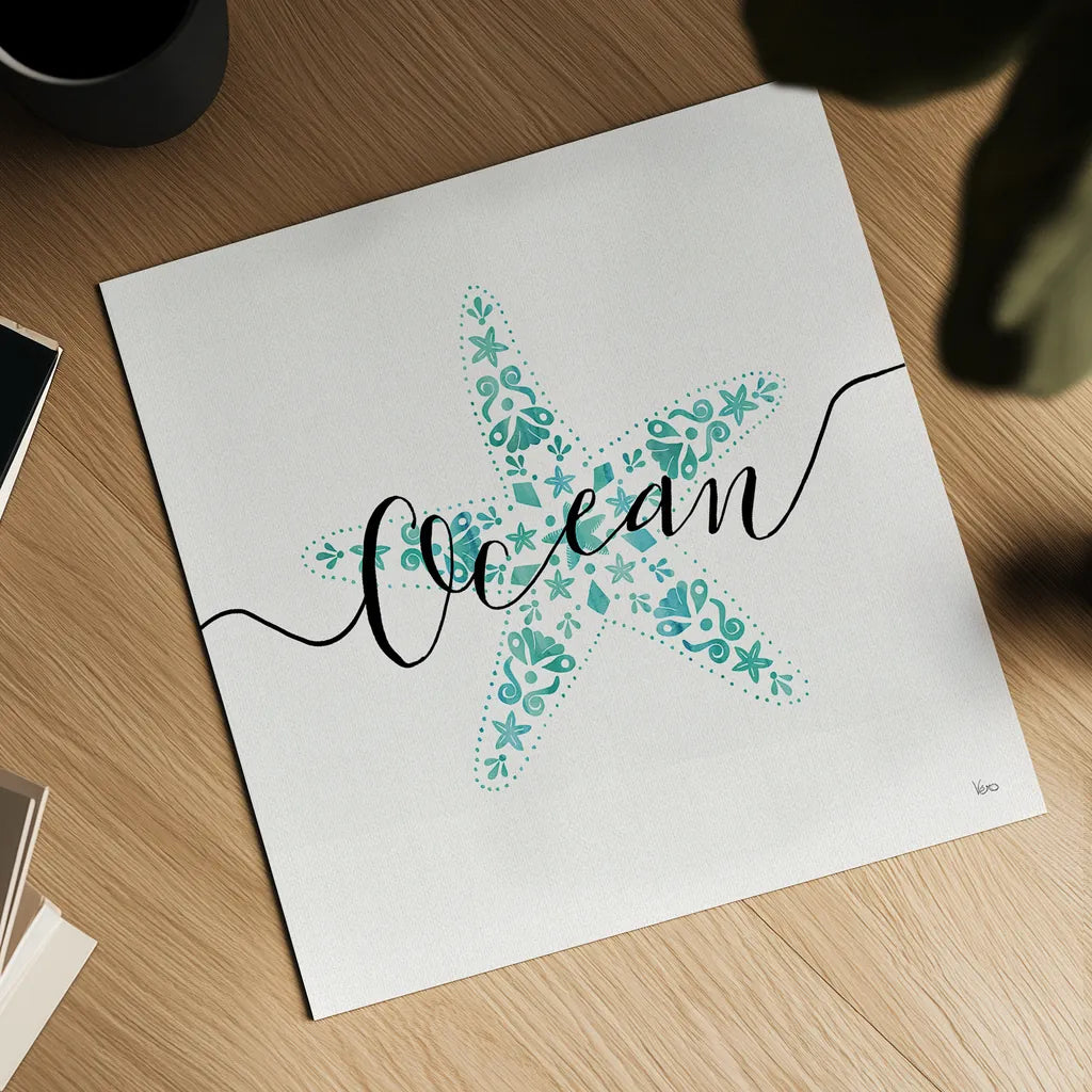 Sea Charms I Teal by Veronique Charron. Shown as a detailed flat fine art print, highlighting archival giclee quality. Available as an archival giclee rolled canvas, fine art paper, or poster print. SKU 32000a.