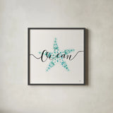 Sea Charms I Teal by Veronique Charron. Shown in a sleek black glass frame for a contemporary gallery look. Available as an archival giclee rolled canvas, fine art paper, or poster print. SKU 32000a.