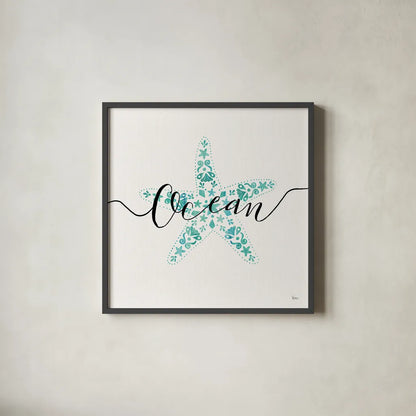 Sea Charms I Teal by Veronique Charron. Shown in a sleek black glass frame for a contemporary gallery look. Available as an archival giclee rolled canvas, fine art paper, or poster print. SKU 32000a.